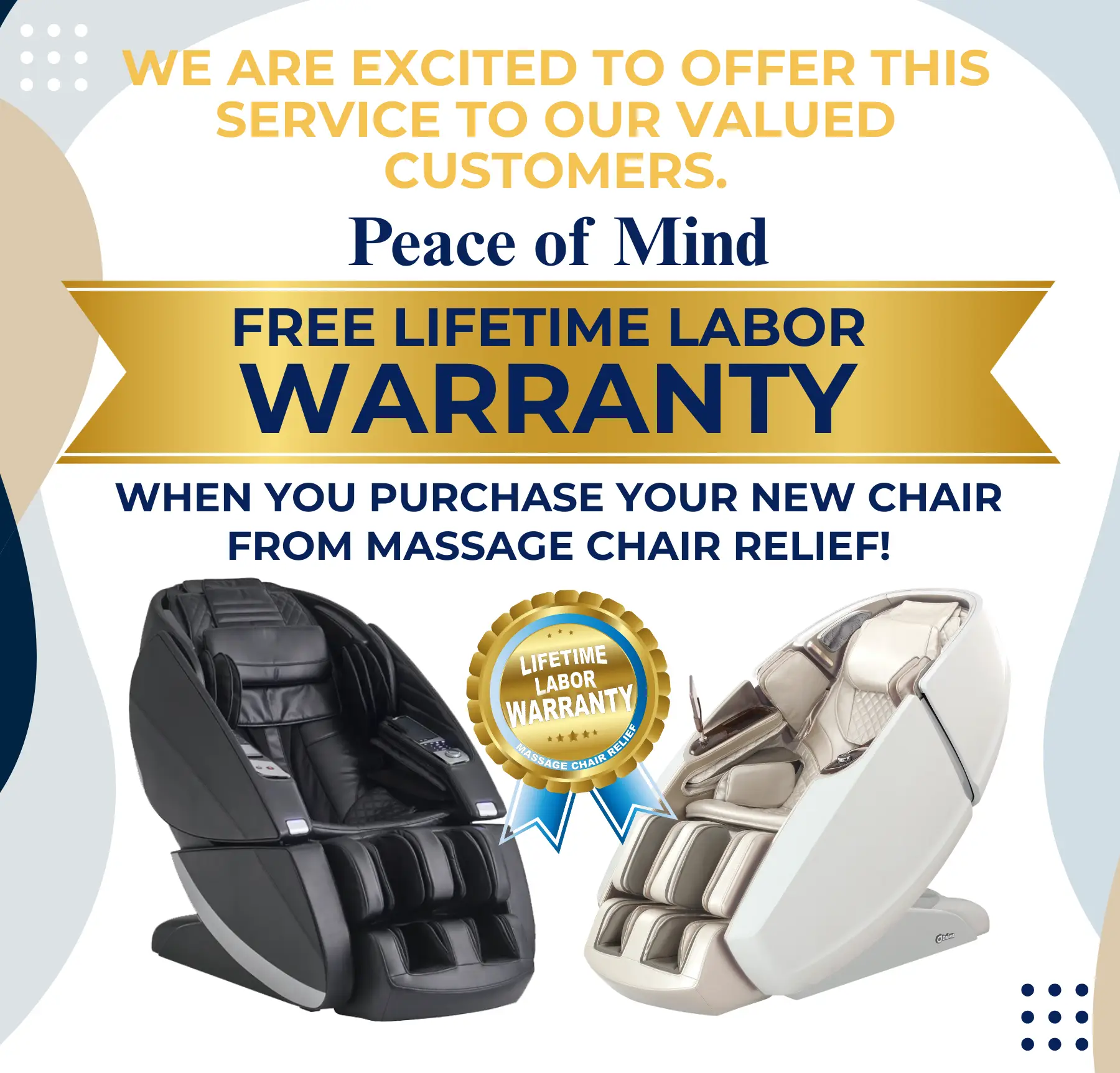 Peace of mind lifetime labor warranty with your new chair purchase from massage chair relief.